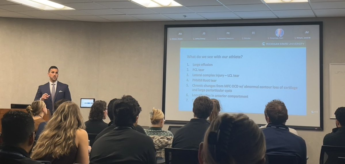 @michiganstateu Team Physician @JildehMD gives a great Grand Rounds called 'United We Heal: A Team Based Approach to Multiligament Knee Injuries' focusing on the humanistic side of athletic patient care at @HFHOrthoRes.