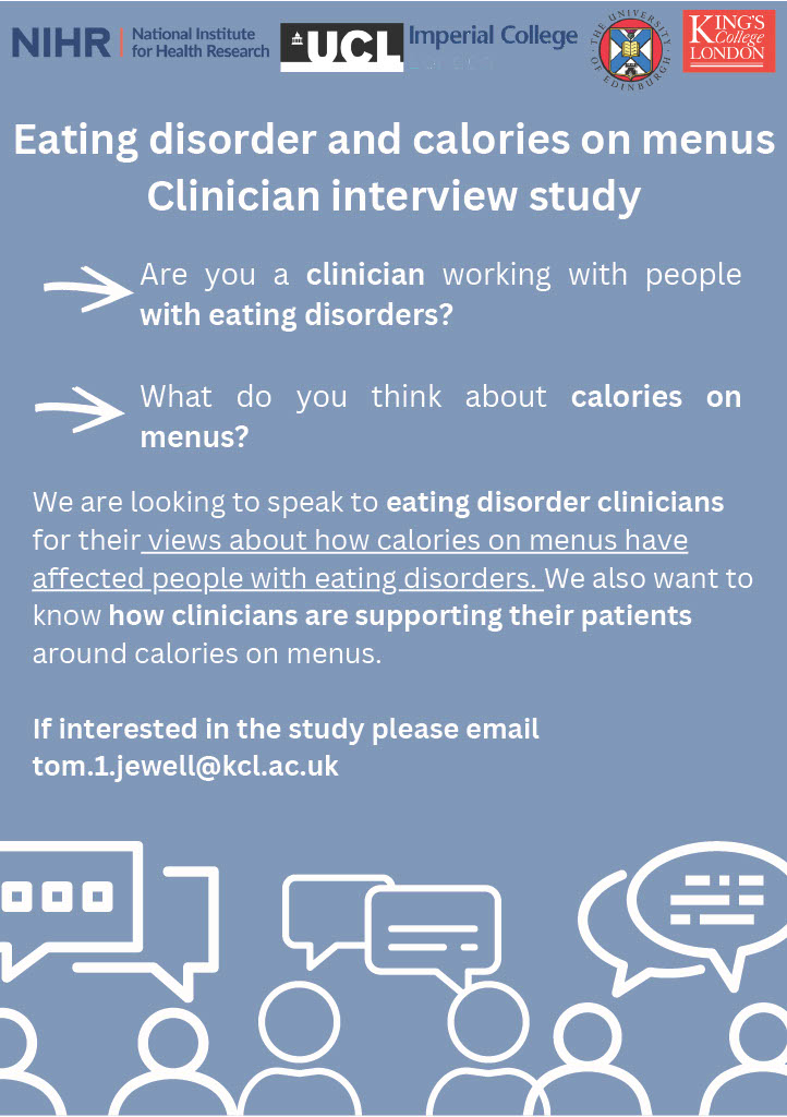 📢 Research opportunity - ED clinicians 📢 We would love to hear your views about calories on menus and eating disorders. We are particularly looking to speak to more: - Nurses - Psychologists/therapists England only - more details in flyer and tweets ⬇️ Please RT!