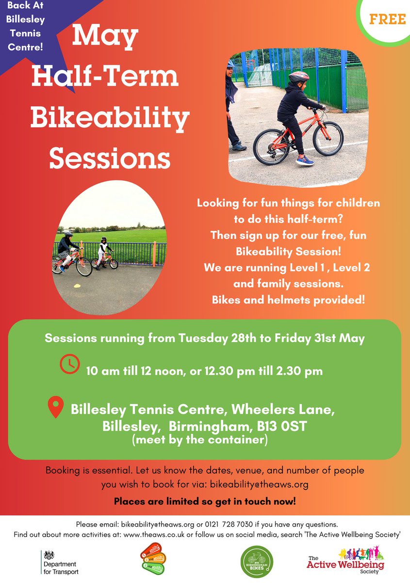 🚴 Looking for fun things to do with the kids this half-term? 📍 Come and join our #bikeability sessions. We'll be at Billesley Tennis Centre and Wyndley Leisure Centre. 👉For more info contact bigbirminghambikes@theaws.org or call 01217287030 (bikes & helmets provided).