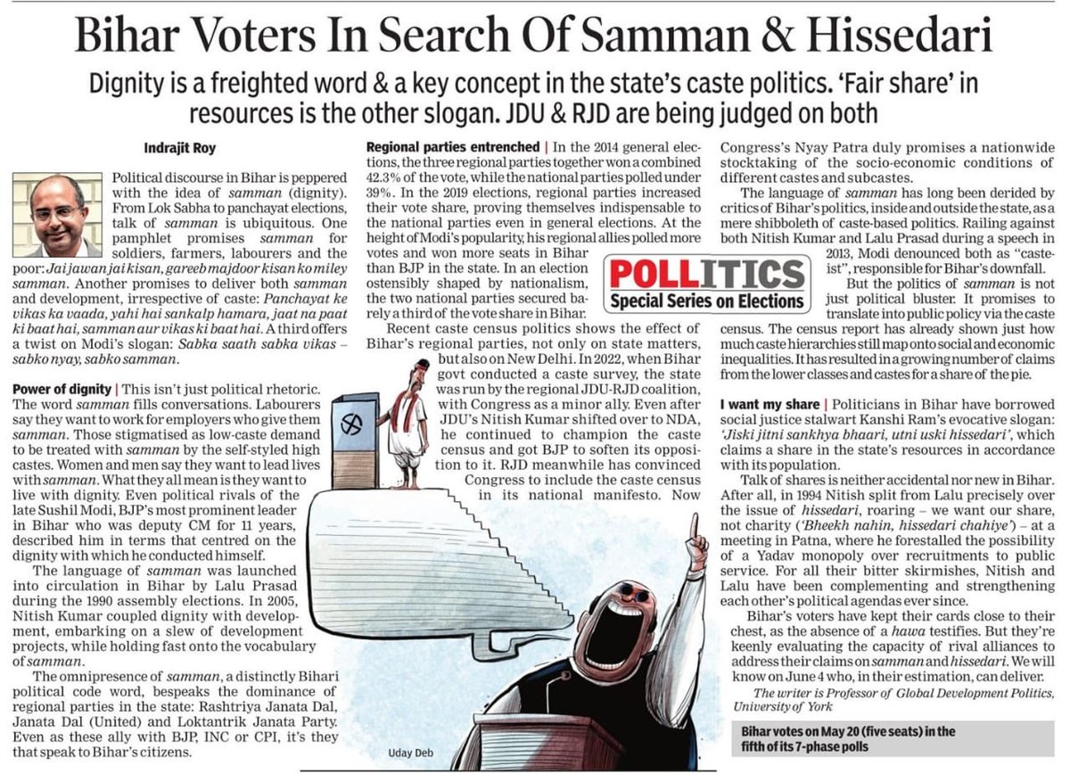As #Bihar votes in #LokSabha2024, what motivates Biharis’ politics? I analyse the vocabularies of #dignity and #share that spurs the State’s politics in today’s ⁦<a href="/timesofindia/">The Times Of India</a>⁩