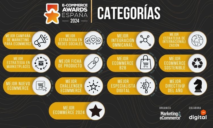 Mkt4eCommerce's tweet image. Este año contamos con 5 categorías nuevas 👀

⭐️Mejor estrategia en #RedesSociales 
⭐️Mejor ficha de producto
⭐️Mejor #eCommerceb2b
⭐️Mejor especialista #digital 
⭐️Mejor nuevo eCommerce