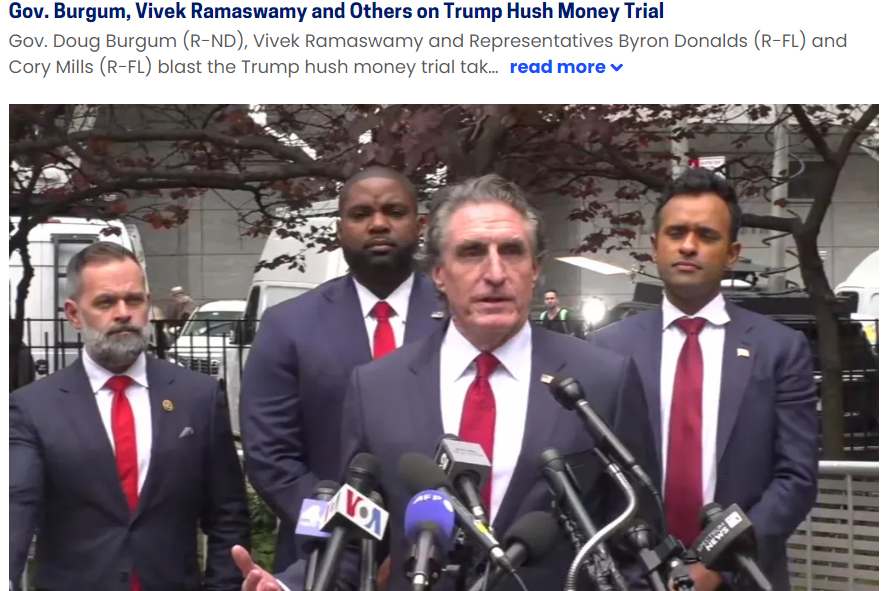 Mike Johnson, Byron Donalds, Cory Mills, Doug Burgum, and Vivek Ramaswamy hang around lower Manhattan to be trumps gag order gangsters.
Insidious or comical?
Why all in the same outfit?