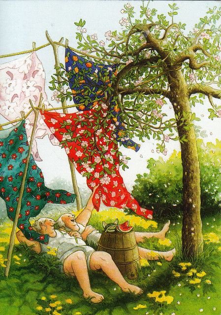 Washing day in Grannie/ Auntie land ! Dresses on the line and they are in their underpinnings hoping they dry. Refreshing melon to eat whilst waiting. ….Inge Löök Finnish artist .