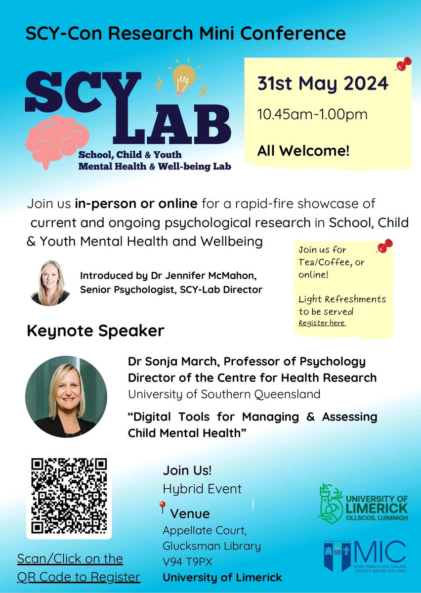 🚨 Join us in-person in @UL or online on 31st May for our SCY-Lab mini-conference: A rapid-fire showcase of current & ongoing psychological research in School, Child & Youth Mental Health & Wellbeing 🗣️ Keynote address by Dr Sonja March of University of Southern Queensland (1/3)