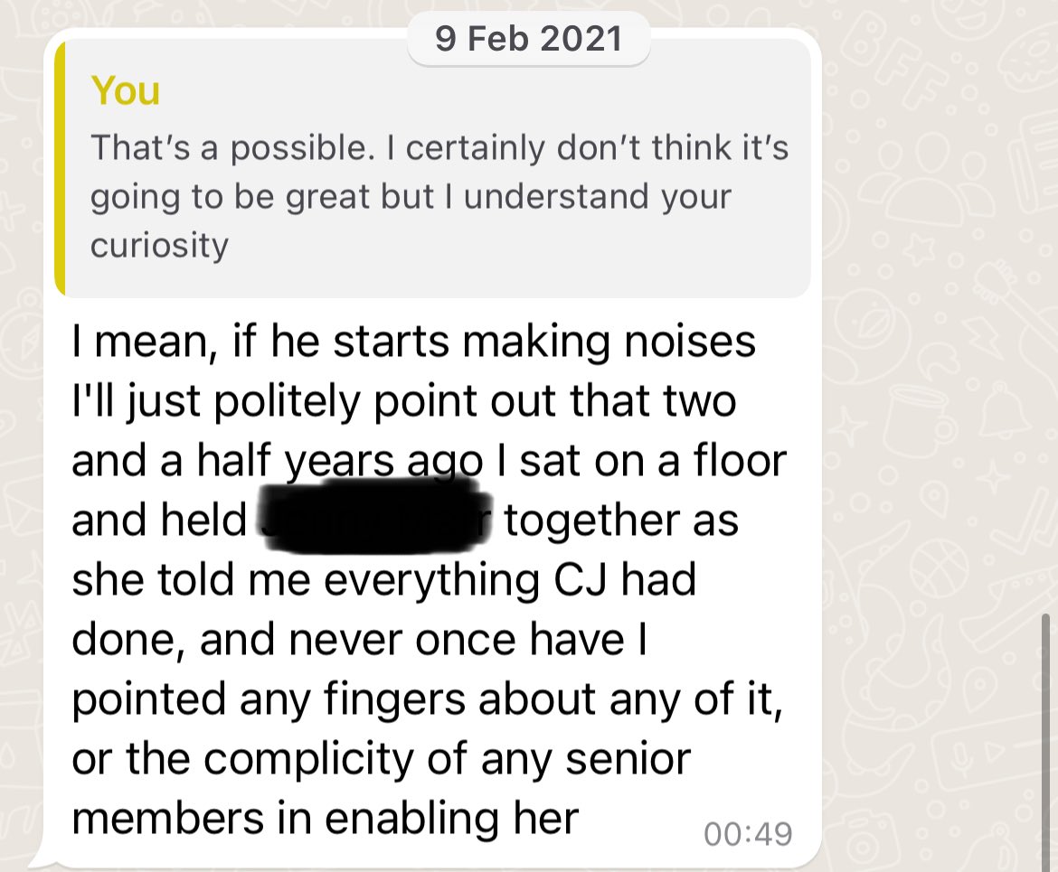 The Lib Dems have enabled Christine Jardine MP’s bullying for years. This is a senior staffer, referencing the situation in Brighton when Wendy Chamberlain MP was going to call the police on Christine. (The “he” referred to here is Willie Rennie MSP). #AskAlex #AskWendy