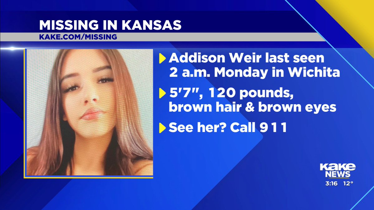 Please #repost this @missinginkansas for Addison Weir, 14, last seen early Monday morning in #Wichita. kake.com/story/50782235… #MissingInKS @TheJusticeDept @Netflix @hulu @CondeNast @iHeartRadio @acast @audible_com @aetv @hbo @PrimeVideo @govlaurakelly #MissingTeen #Missing