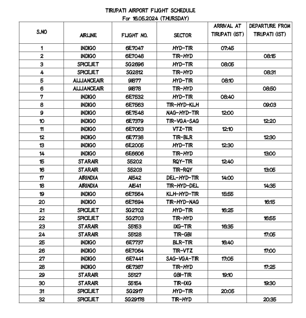 Flight schedule for 16th May 2024 (Thursday)