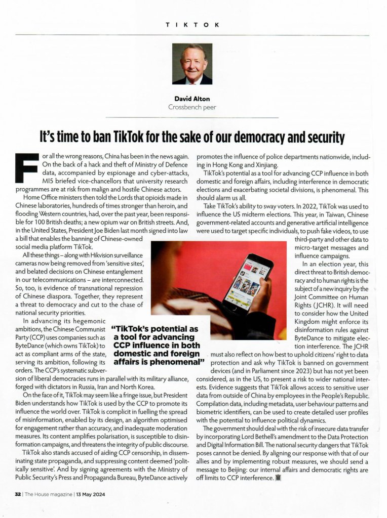 House Magazine– Wake Up Call On CCP Subversion of Democracy: By aligning our response with that of our allies & by implementing robust measures, we should send a clear message that our internal affairs & democratic rights are off-limits to CCP interference.davidalton.net/2024/05/15/hou…