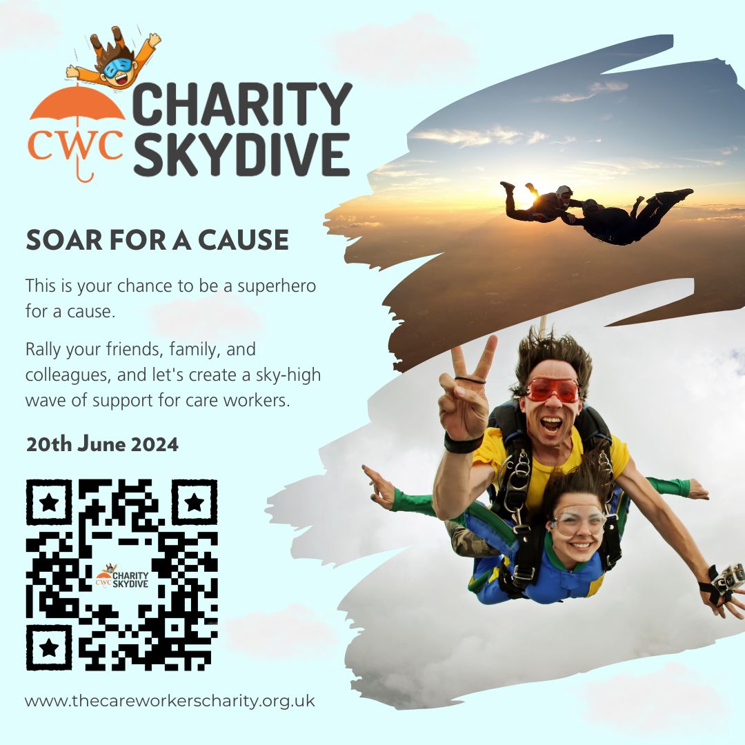 📣Join us for Soar For A Cause, our #Charity #Skydive ☁️ and get ready for an adrenaline-pumping experience that goes beyond the clouds. Scan the QR code or visit our website for more information (details on image). #UKCharity #CareSector #Care #Skydive #Soar #CWCSkydive