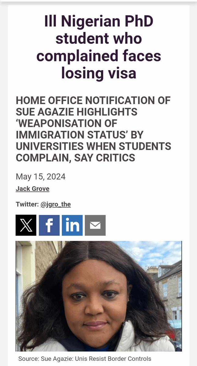 📢#WeAreAllSue in today's @timeshighered ‼️ Read here: archive.is/20240515071831… Thank you @jgro_the for covering this horrific case. @UnisNotBorders advocates for migrant students & staff so that no one should experience what Sue Agazie has been met with @UniofNewcastle. 🧵