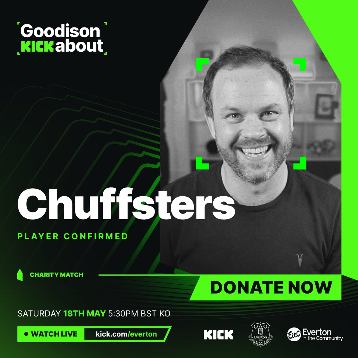 Delighted to announce that I will be playing in #GoodisonKickabout on Saturday 18th May!  

A charity football event at Goodison Park to help raise money for the fantastic @Eitc. Donate now at evertoninthecommunity.org/donate/

You can watch all the action live at 5:30pm on