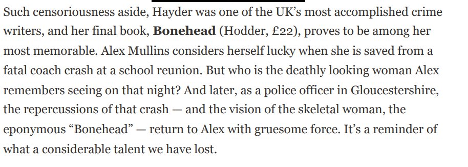 An INCREDIBLE array of reviews for #Bonehead by Mo Hayder! Thank you @thetimes @ObserverUK @FT @guardian 'Spectacular' 'As shocking and sinister as anything Hayder has ever written' 'A reminder of what considerable talent we have lost' So proud to have published this 💚📗