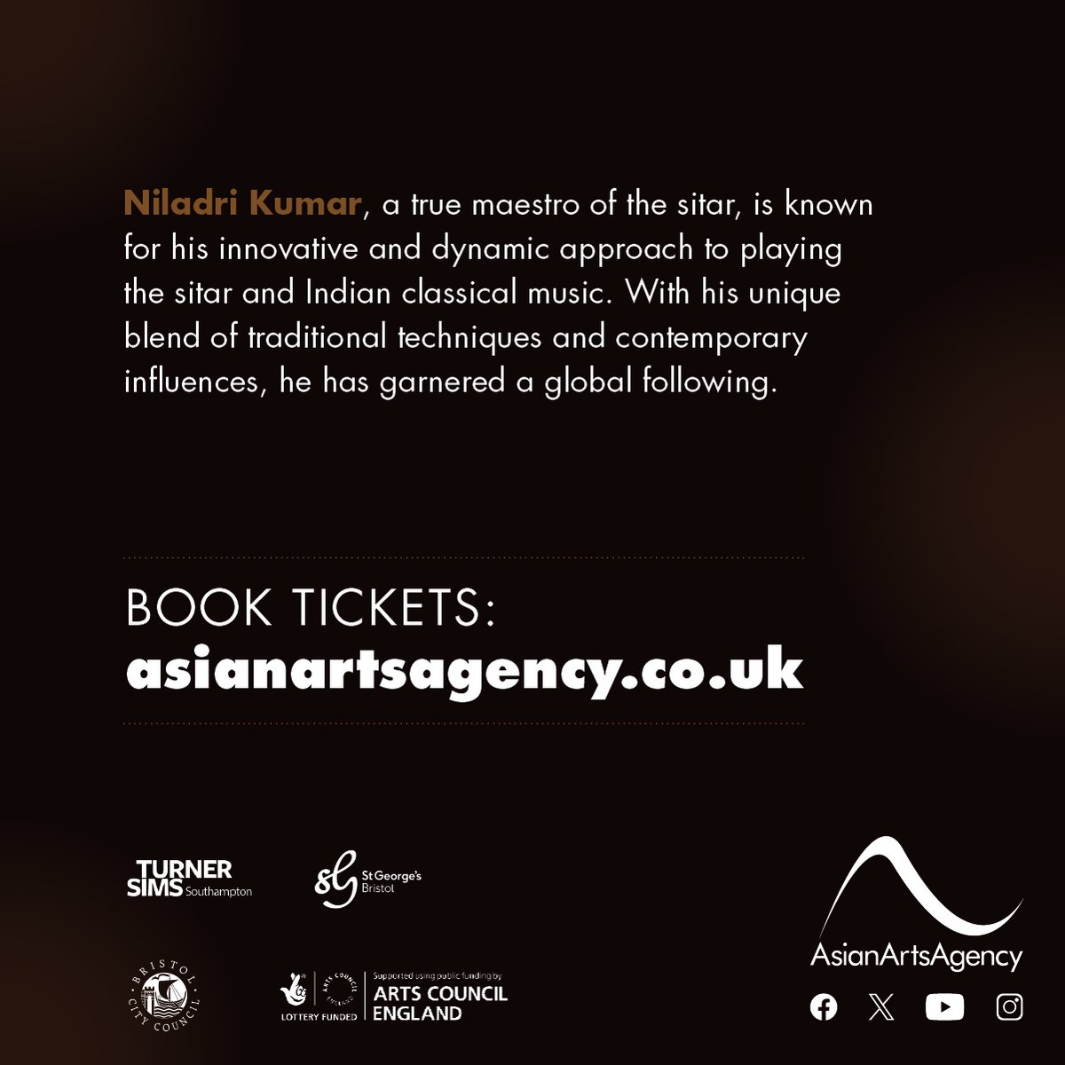 Asian Arts Agency (@asianartsagency) on Twitter photo This week <a href="/niladri_kumar/">Niladri Kumaar</a>, sitar maestro, will be performing at <a href="/TurnerSims/">Turner Sims</a>, Southampton on Friday, and <a href="/stgeorgesbris/">St George's Bristol</a> on Sunday. Be sure to get your tickets for these shows from the links below!
Turner Sims: turnersims.co.uk/.../niladri-ku…
St George's Bristol: stgeorgesbristol.co.uk/whats-on/nilad… This week <a href="/niladri_kumar/">Niladri Kumaar</a>, sitar maestro, will be performing at <a href="/TurnerSims/">Turner Sims</a>, Southampton on Friday, and <a href="/stgeorgesbris/">St George's Bristol</a> on Sunday. Be sure to get your tickets for these shows from the links below!
Turner Sims: turnersims.co.uk/.../niladri-ku…
St George's Bristol: stgeorgesbristol.co.uk/whats-on/nilad…
