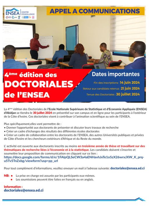 Register now for the 4th edition of @EnseaO's Doctoral Days on July 30, 2024! Join in person on campus or online. Exclusively for #students in their 2nd year of #thesis. tinyurl.com/yc7uzr8v #ENSEADoctoralDays #Research #HigherEducation