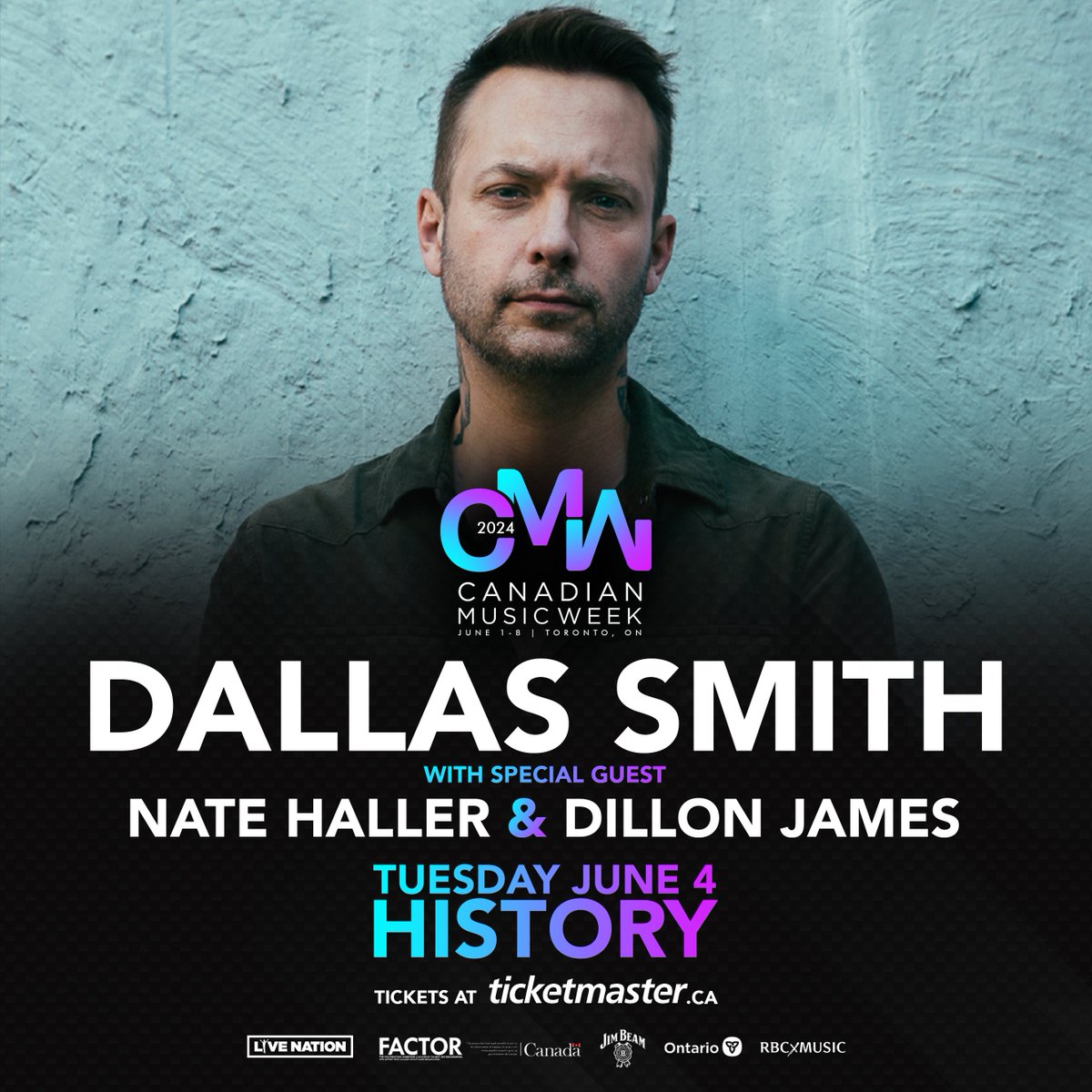 Excited to announce Dillon James joins Dallas Smith and Nate Haller on June 4 at History! Tickets on sale now, bit.ly/3SUuFiA 🎟️ #cmw2024 #canadianmusicweek #dallassmith #natehaller #dillonjames #historytoronto #torontoconcerts #torontoconcert #TorontoFestival