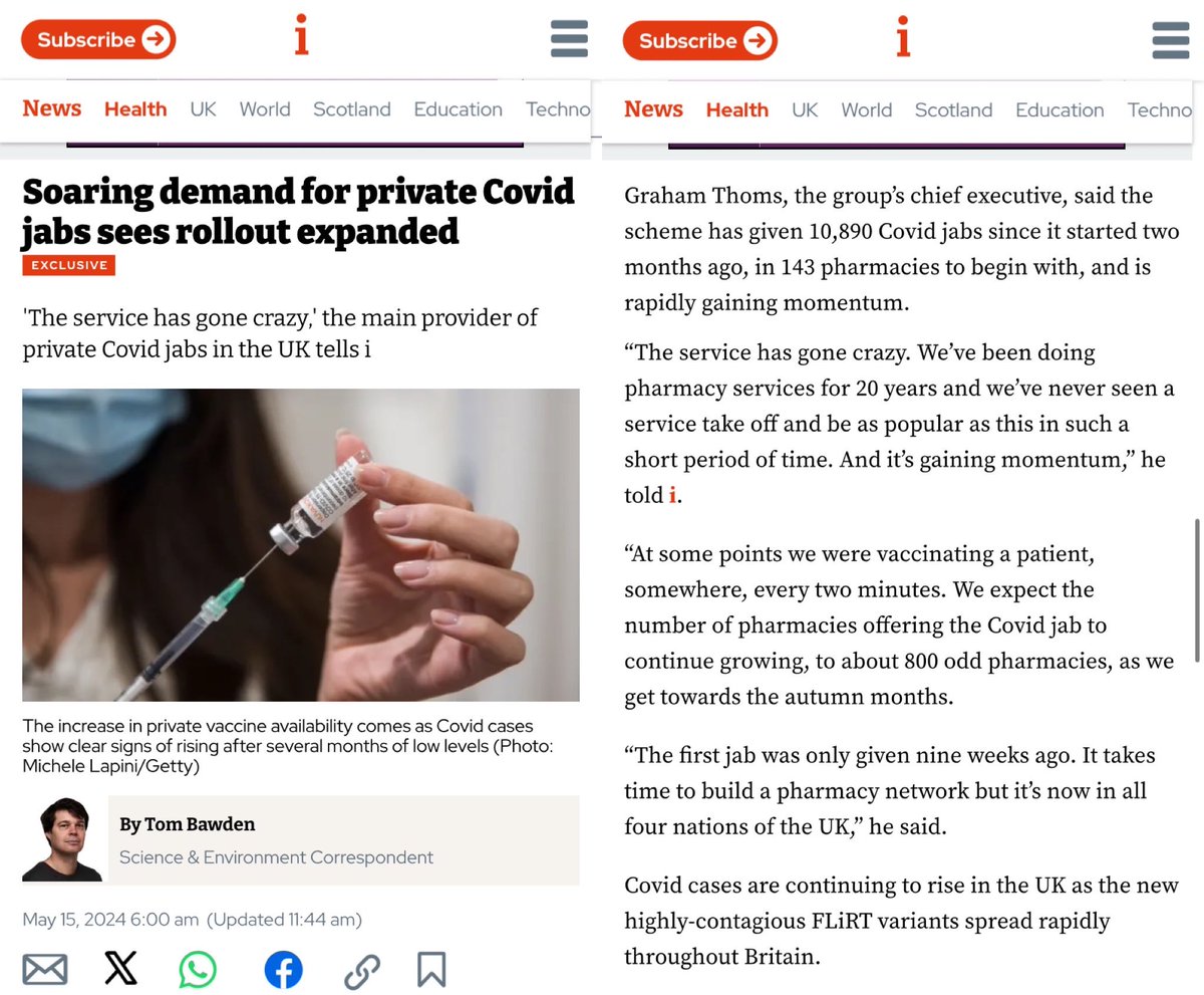 SOARING DEMAND FOR PRIVATE COVID JABS Another excellent article by @BawdenTom. In just 9 weeks, @PharmaDRclinic have given over 10,000 Covid jabs. “The service has gone crazy” according to their CEO. inews.co.uk/news/health/de…