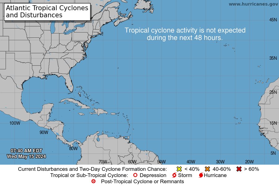 🚨#ENTÉRATE🚨| Desde hoy, 15 de mayo, el Centro Nacional de Huracanes reanudó la emisión de boletines de perspectiva tropical. El cual monitorea si hay algún sistema con sospecha de formación; al momento, no hay ninguno. Pero recuerde que la temporada de huracanes da inicio