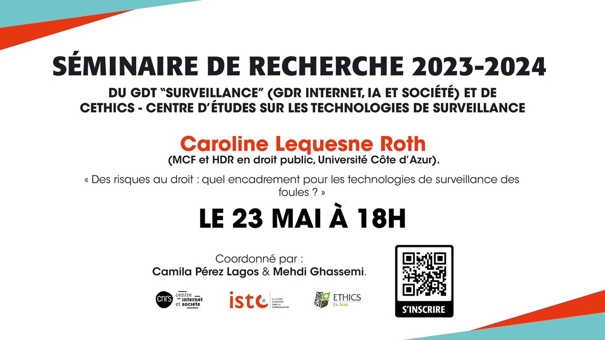 SÉMINAIRE DE RECHERCHE 23-24 !

Le jeudi 23 mai à 18h (en distantiel) - « Des risques au droit : quel encadrement pour les technologies de surveillance des foules ? » - par Caroline Lequesne (MCF – HDR de l’Université Côte d'Azur).

Inscriptions ici : docs.google.com/forms/d/e/1FAI…