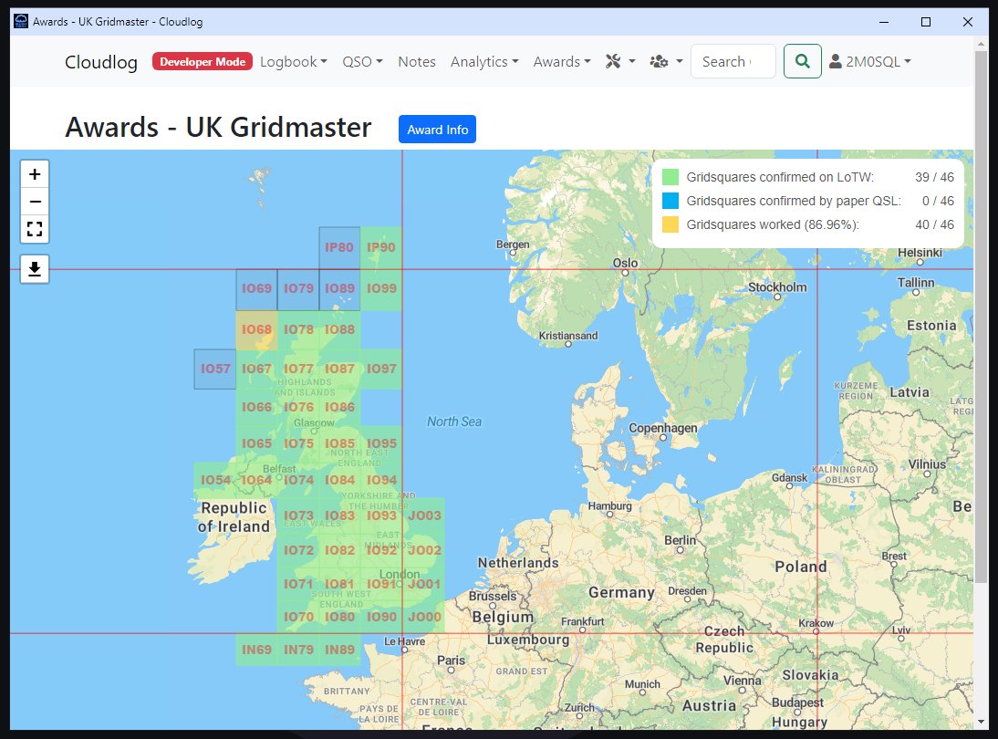 I'm starting to add UK & Crown Dependencies Gridmaster to @cloudloghq currently it's not a satellite award but maybe @AmsatUK could look into it.

If anyone wants to argue about gridsquare selection let me know!

#hamr #amsat #gridmaster