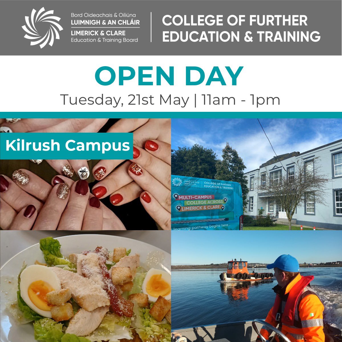 Our College of FET Kilrush Open Day Tuesday 21st May 11am to 1pm. 
🔭 Discover our range of full-time and part-time courses 
Book your place now… 👉 bit.ly/3UxI8xD  
FindTheBestInYou #FurtherEducationandTraining #CollegeofFET #InformationEvening #Kilrush #Clare