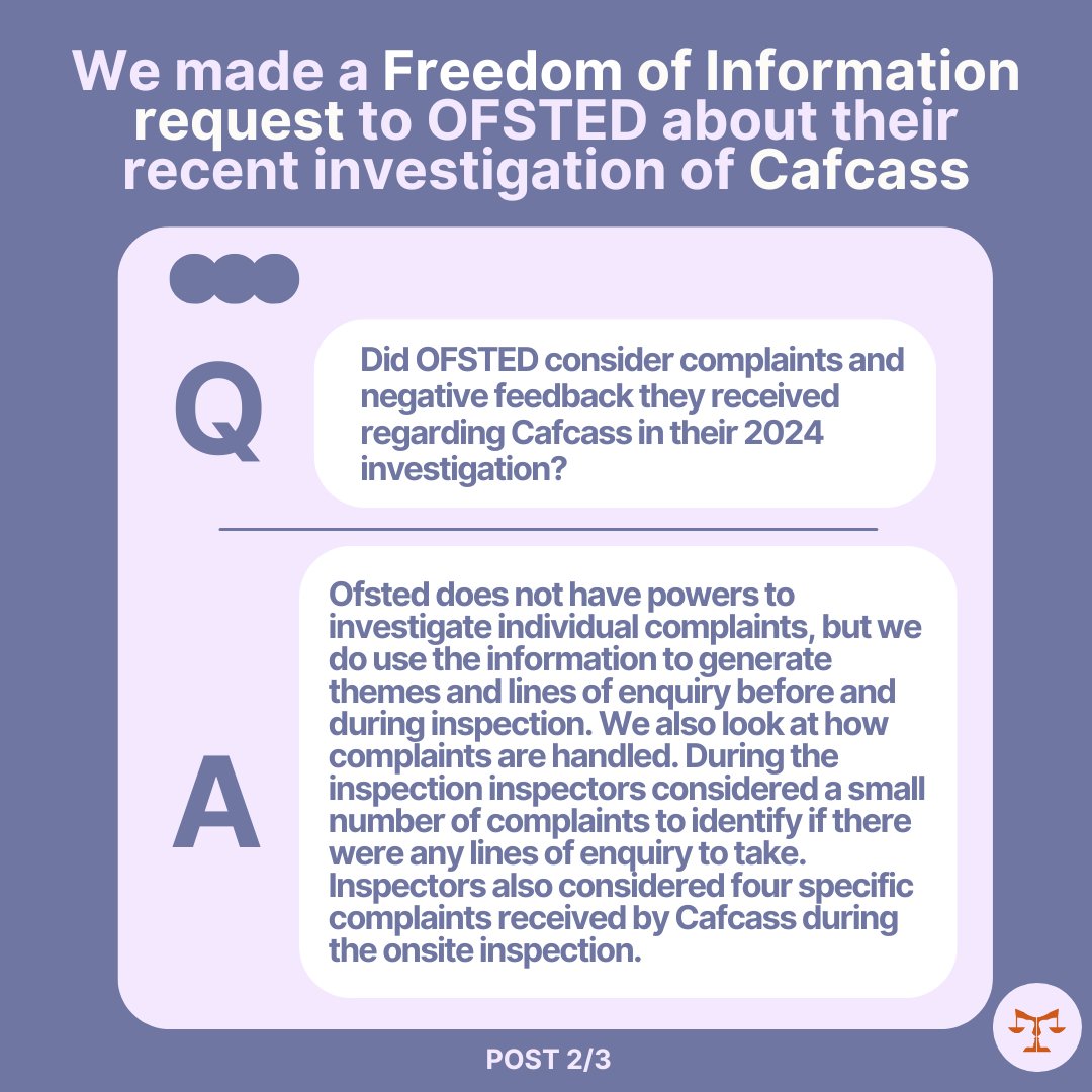 🌟Post 2 of 3🌟 Following their investigation, OFSTED graded Cafcass' overall effectiveness as 'Outstanding' This rating is very concerning, and demonstrates that the themes generated from the complaints they recieved were not adequately considered during their investigation!
