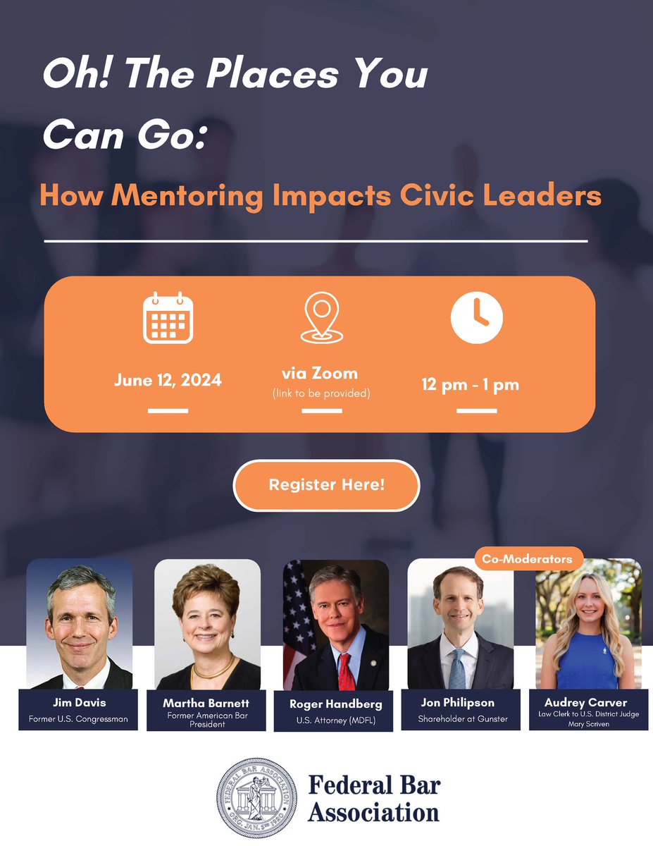 Our Mentorship Chair, Jon Philipson, put together a dynamic webinar for young lawyers featuring a former U.S. Congressman, a former ABA President, a current MDFL Law Clerk, and the current MDFL U.S. Attorney.