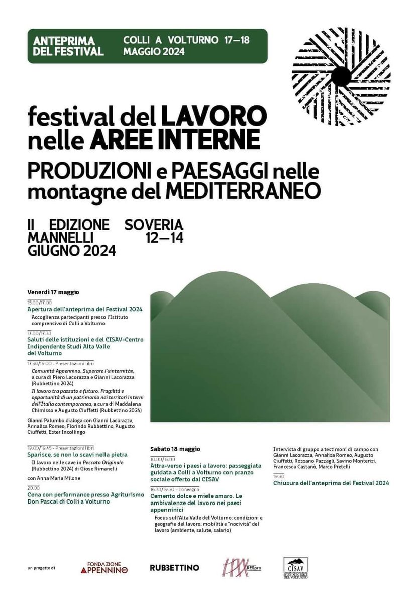 FESTIVAL DEL LAVORO NELLE AREE INTERNE 2024. L’ANTEPRIMA A COLLI A VOLTURNO
📍Colli a Voltuno in Molise - 17 e 18 maggio - “PRODUZIONI E PAESAGGI NELLE MONTAGNE DEL MEDITERRANEO” 

Qui il programma 👉appenninofondazione.it/events/festiva…