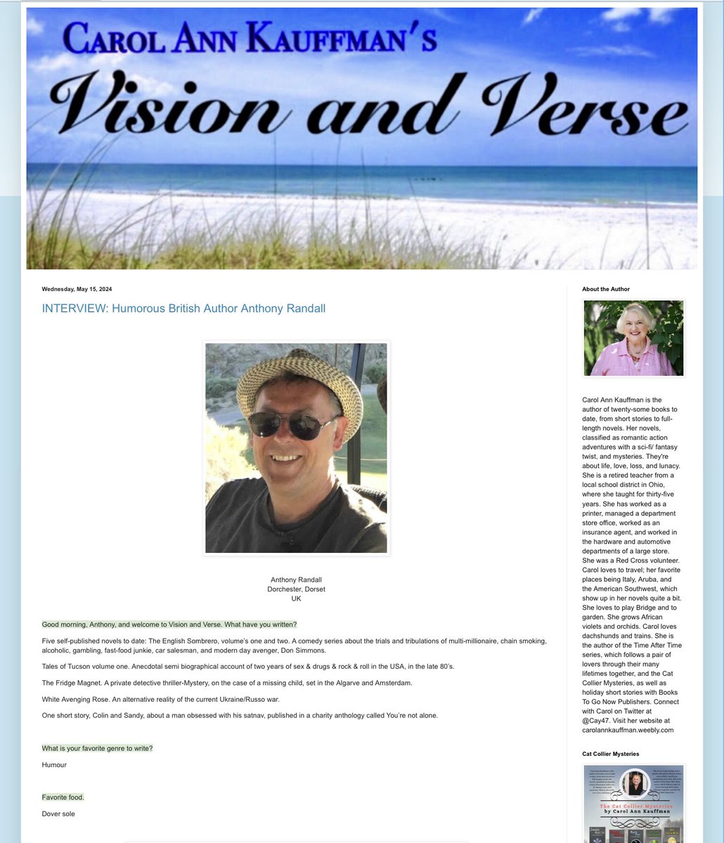 Carol Ann Kauffman (@cay47) on Twitter photo Today on Vision and Verse there’s an interview with British Humorous Author Anthony Randall, which is a sweet and funny guy who also writes music.
visionandverse.blogspot.com Today on Vision and Verse there’s an interview with British Humorous Author Anthony Randall, which is a sweet and funny guy who also writes music.
visionandverse.blogspot.com