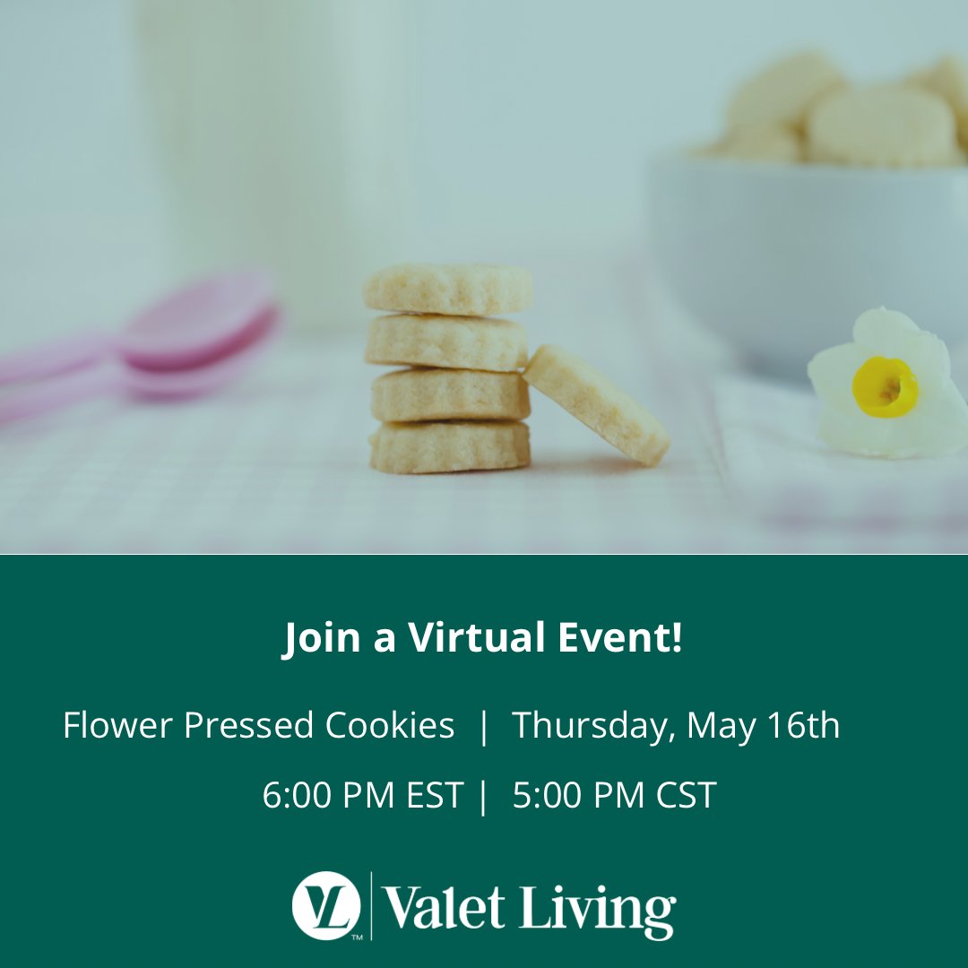 You’re not going to want to miss this virtual class tomorrow! Join us and learn a new recipe - bake treats that are not only tasty but also beautiful.

All classes can be accessed through the Valet Living Resident App 📲

@TeamTorch
#VirtualClass #FlowerPressedCookies