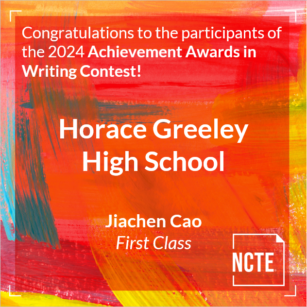 Greeley junior Jiachen Cao has been selected for a '2024 Achievement Award in Writing', given by @ncte. Independent judges evaluated 633 submissions holistically on content, purpose, audience, tone, word choice, organization, development, and style. #WeAreChappaqua