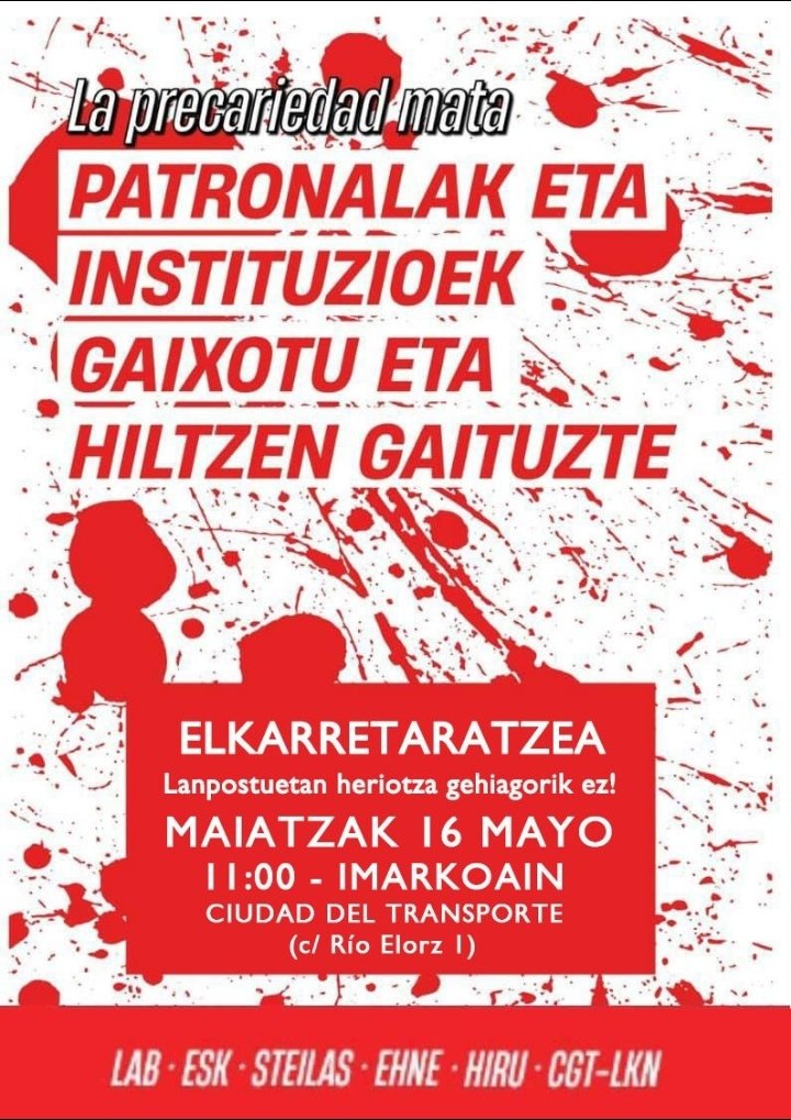 🔴 PREKARITATEA HILTZAILEA! Lizarrako garraiolariaren heriotza salatuko dugu bihar sektoreko patronalaren aurrean. 2024an, EHn, lan istripuak eragindako heriotzen % 35 garraiolariak izan dira. Nafarroan, 2008koa da azken hitzarmena. Lan baldintza duinak ORAIN!