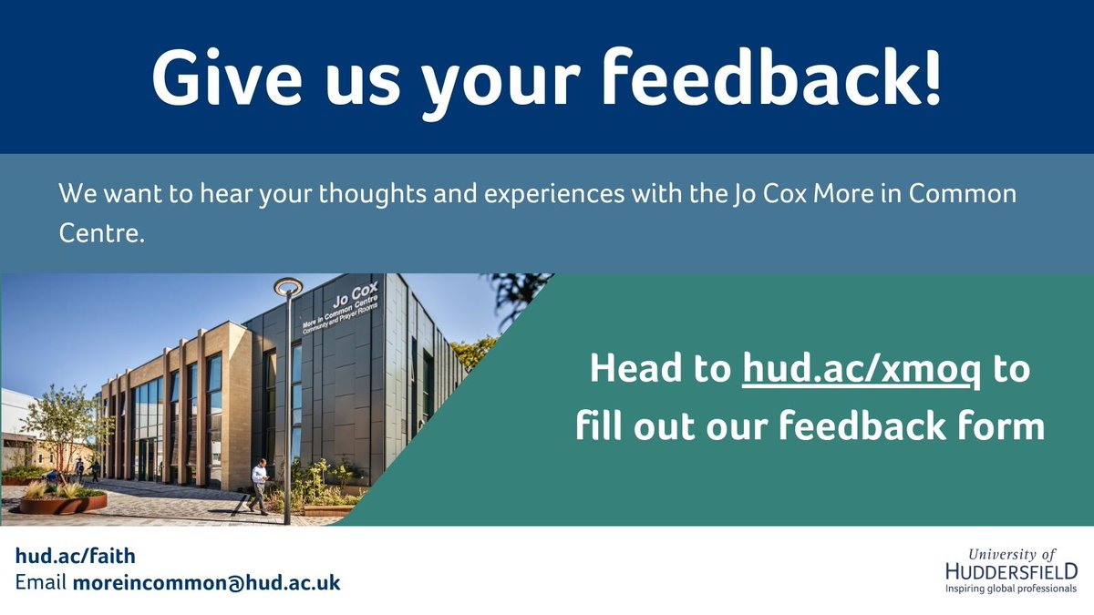 We would love to hear your feedback!

Please share with us your views about the Jo Cox More in Common Centre by this Friday! Whether it's positive or something with room for improvement, just let us know!

Fill out our feedback form here ➡️ hud.ac/xmoq