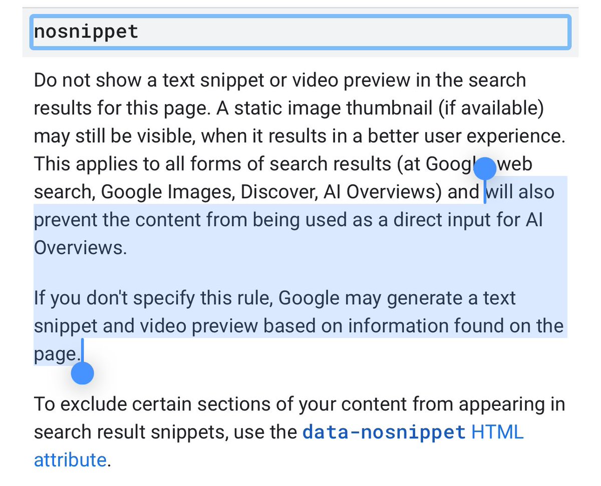 🚨 We can use “nosnippet” also to avoid prevent content from being used as a direct input for AI Overviews 👀 thanks @JohnMu for the clarification below! 👇