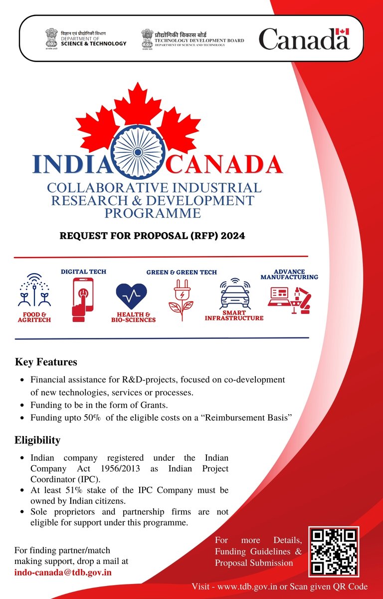 Exciting Opportunity Alert! 

The India-Canada collaborative R&D program is back with its RFP-2024, and we're on the lookout for groundbreaking projects!

Closing Date: 16th August, 2024