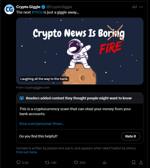 Why is this still an add when there's a community note saying its a scam? <a href="/CommunityNotes/">Community Notes</a>