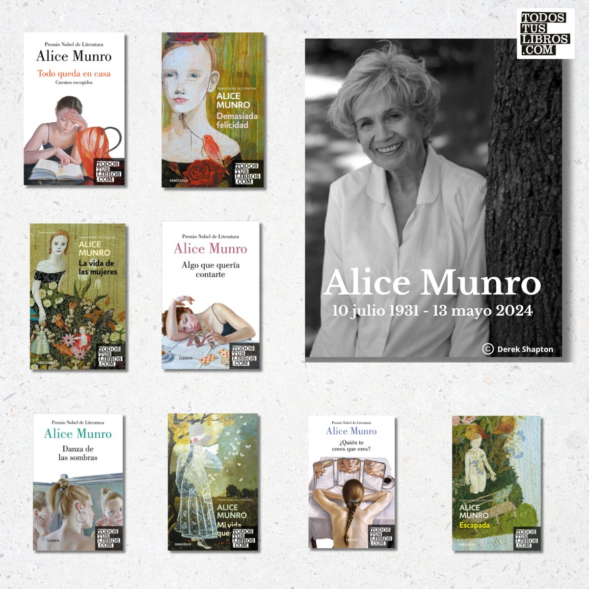 Dedicamos un espacio en #todostuslibros a la que ha sido la mejor escritora de narrativa breve en inglés, la escritora canadiense, #AliceMunro. 'La felicidad constante es la curiosidad' cutt.ly/veraBwad.