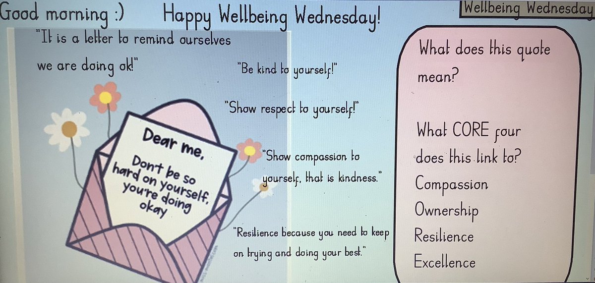 Wonderful discussion this morning from #Class12tpa for #WellbeingWednesday what a lovely message to yourself, “Be kind to yourself!” ❤️