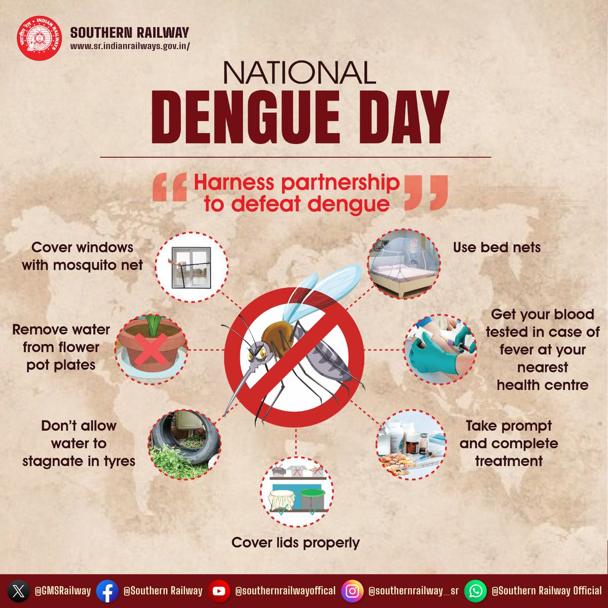 Fight the bite! #NationalDengueDay

Wear long sleeves & pants (light colors!), stay indoors at dawn & dusk, and use repellents & nets. Empty stagnant water - it's a breeding ground!  

#DenguePrevention #SouthernRailway  #Awareness #CleanIndia