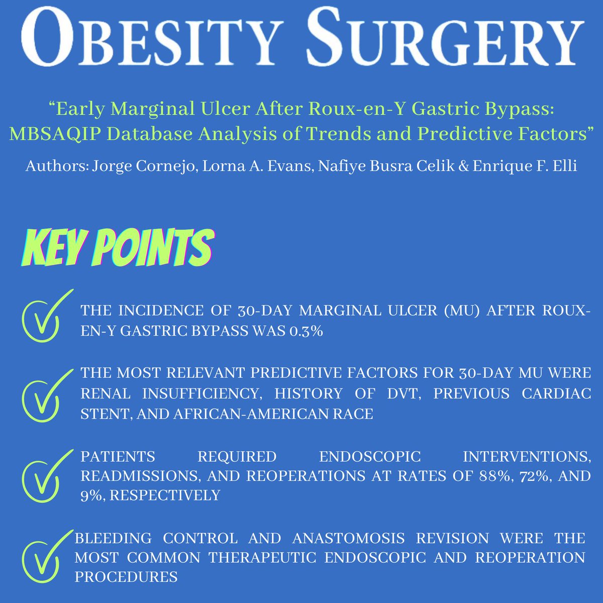 BEST PAPERS MAY ISSUE
'Early Marginal Ulcer After Roux-en-Y Gastric Bypass: MBSAQIP Database Analysis of Trends and Predictive Factors'
DOI: doi.org/10.1007/s11695…
FREE DOWNLOAD: rdcu.be/dH0eB