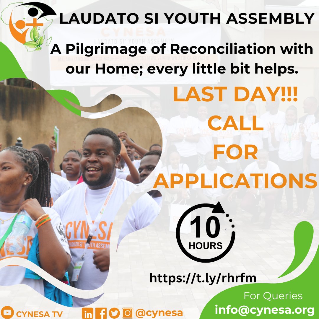 10 hours to go! Have you signed up? Apply: 👉🏾 t.ly/rhrfm Deadline: Midnight, tonight - 16th May 2024 🗓 30th May - 1st June. 📌AWF Conservation Centre. #LSYAssembly #laudatodeum #laudatosi #CYNESAat10 @AWF_Official @WWF_Kenya @WWF_Africa @wwf
