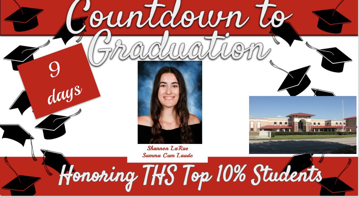 We are 9 days away from the @TISDTHS Class of 2024 Graduation Ceremony. We are counting down the days to Graduation by honoring our Top 10% Graduates. Today we recognize Summa Cum Laude Graduate Shannon LaRue!