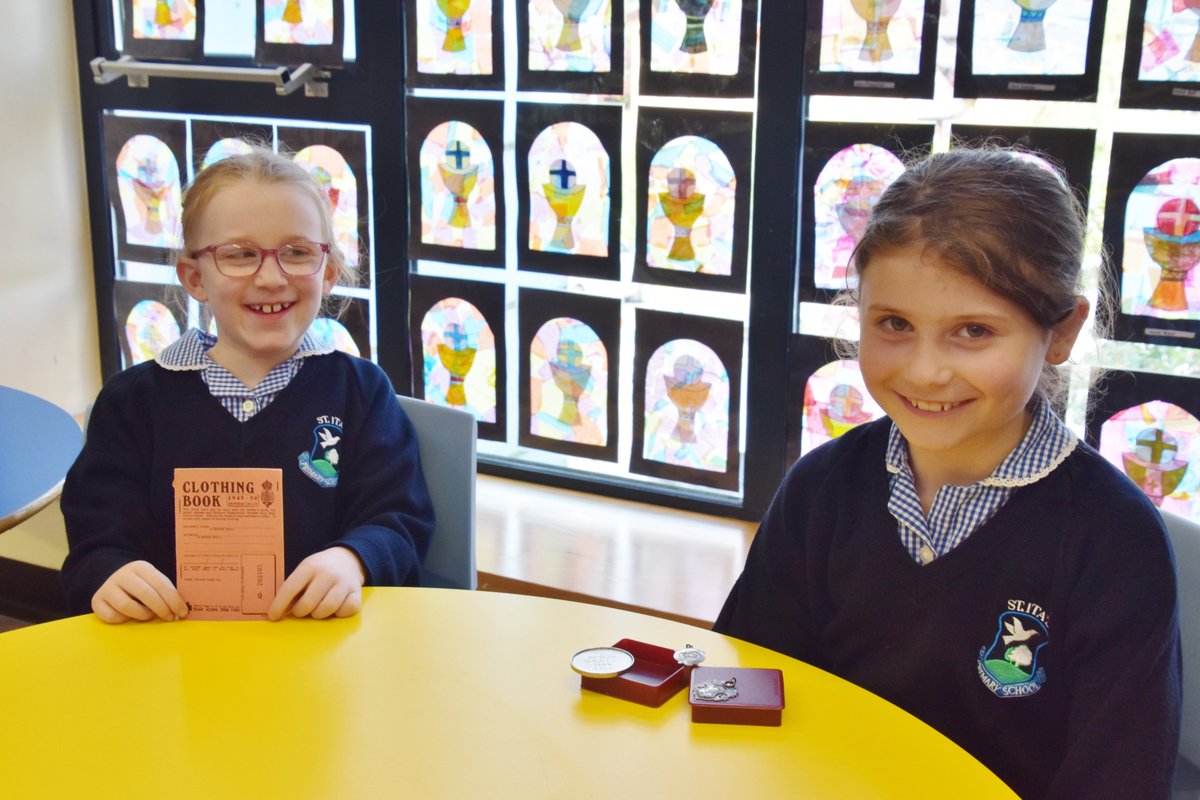 StItasPS's tweet photo. Two girls from Mrs Barr's class, Rosa  and Catherine  brought in some WW2 memorabilia into class. P4 are currently learning all about World War 2 and it was lovely to see firsthand some war medals and a ration book. We look forward to learning more about this wonderful topic. https://t.co/HHrqceX0xQ