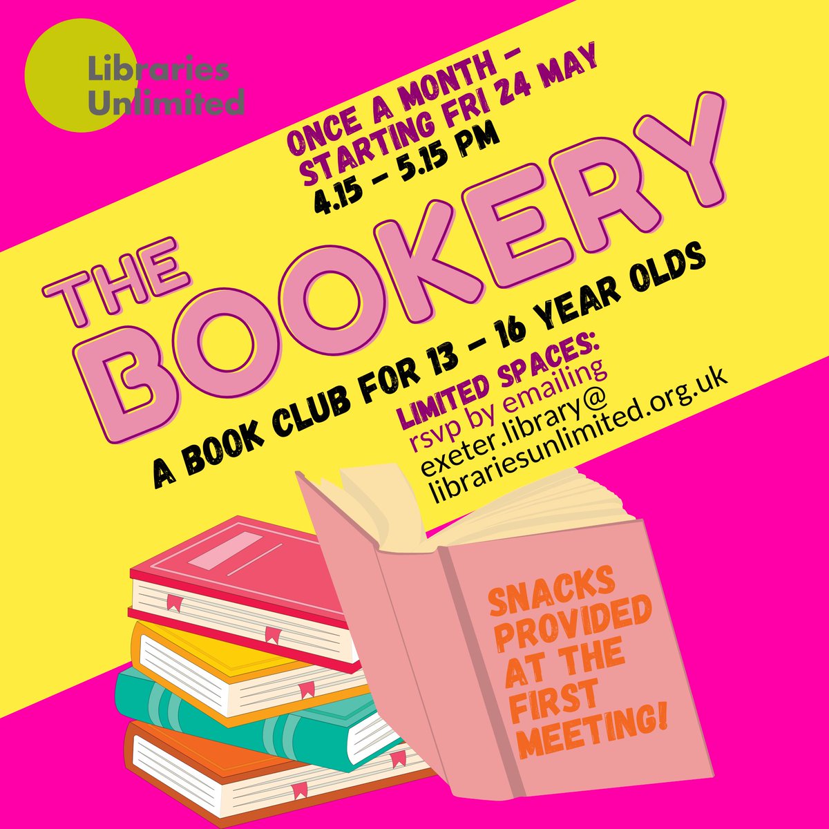 New teen book club at Exeter Library! 📚 The Bookery is a brand new book club run by & for 13-16 year olds. Each month the group will read a new book and then get together to have a chat about it. The first 3 meets will be: Fri 24 May Fri 21 June Fri 19 July Email us to RSVP.