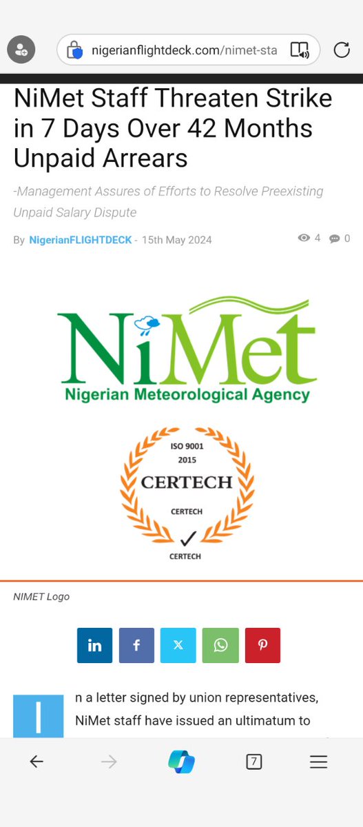 NiMet Staff Threaten Strike in 7 Days Over 42 Months Unpaid Arrears nigerianflightdeck.com/nimet-staff-th…