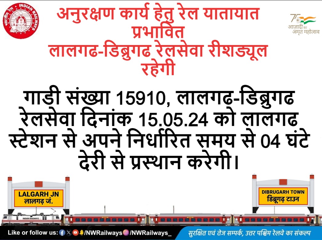 अनुरक्षण कार्य हेतु रेल यातायात प्रभावित @RailMinIndia @DrmAjmer @drmbikaner @DRMJaipur @DRMJodhpurNWR @A1TVOfficial @1stIndiaNews @News18Rajasthan @DDNewsRajasthan @zeerajasthan_ @SachBedhadak