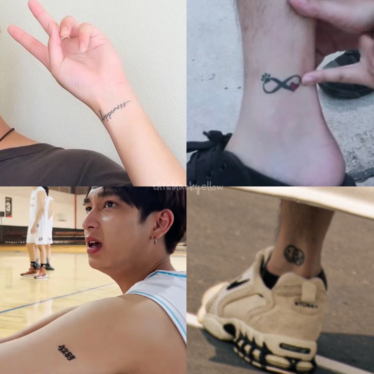 💛 Chimon's tattoos 💛 ¤ Left wrist: Happiness. ¤ Left arm: 4289 (angel number). ¤ Left ankle: Picture of smiling emoji and sad emoji. ¤ Right ankle: Infinity symbol with dog paw and a heart. #ChimonWachirawit #ชิม่อนไงจะใครหล่ะ