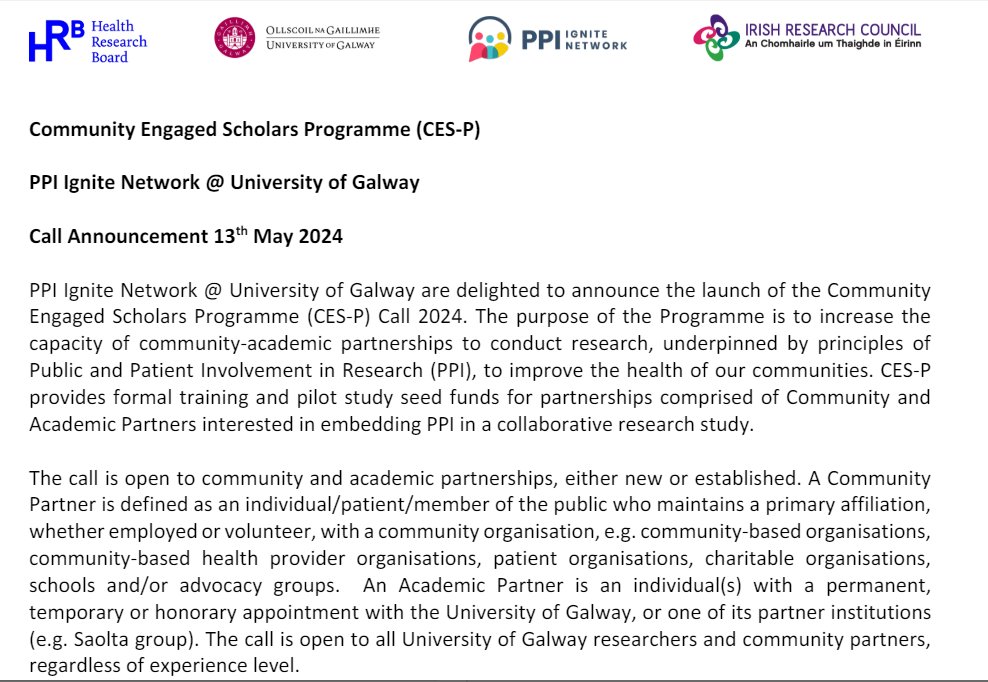 We are delighted to announce the launch of the Community Engaged Scholars Programme (CES-P) Call 2024 ! To build capacity of new and established community-academic partnerships to conduct PPI research. Learn more and apply! tinyurl.com/3fssyfkd