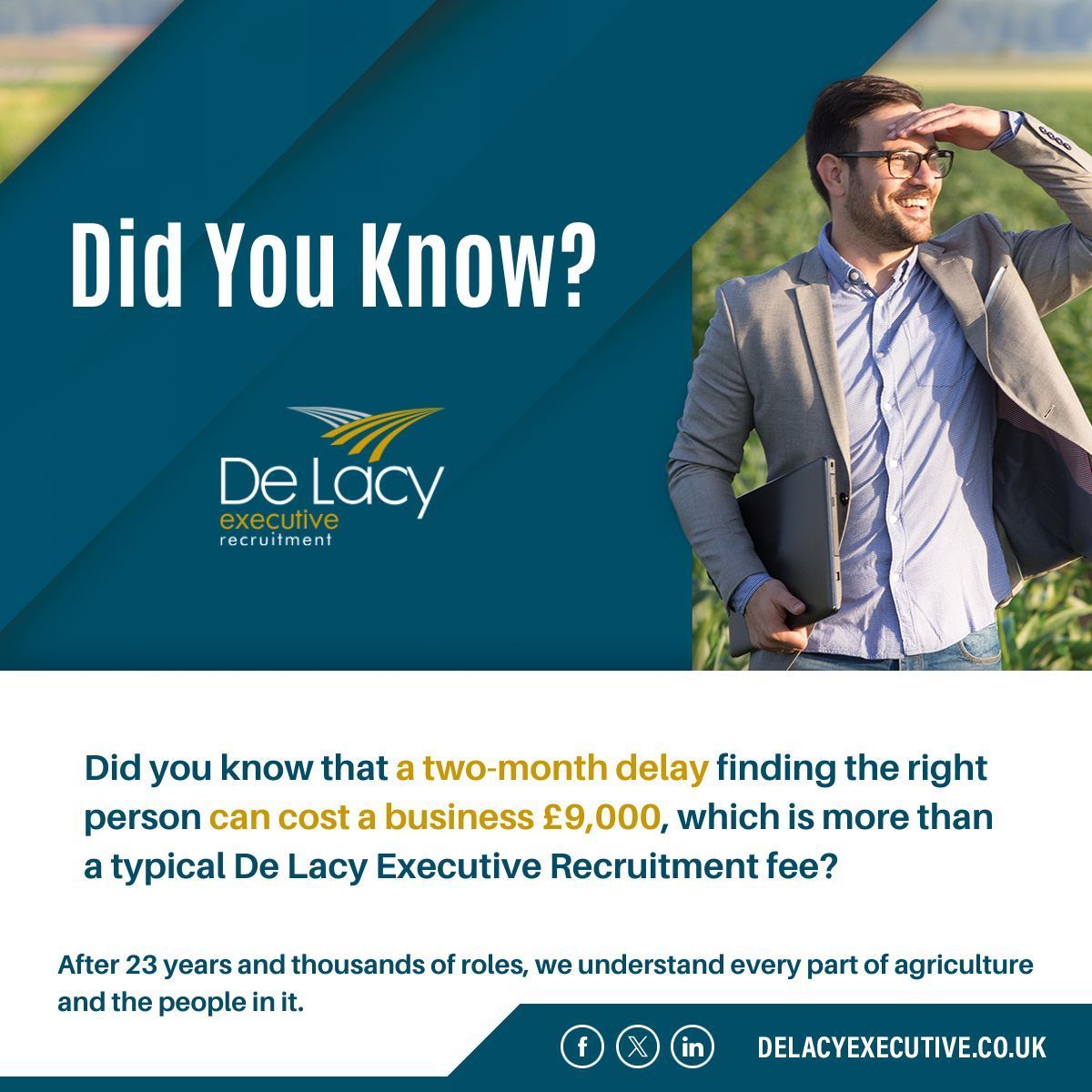 Did you know that a 2-month delay finding the right person can cost a business £9,000, which is more than a typical De Lacy Executive Recruitment fee?

We can help! Contact us:

✉️ admin@delacyexecutive.co.uk
📱 +44 (0)1885 483440
🔗 delacyexecutive.co.uk/employers

#UKJobs #Hiring #UKAg
