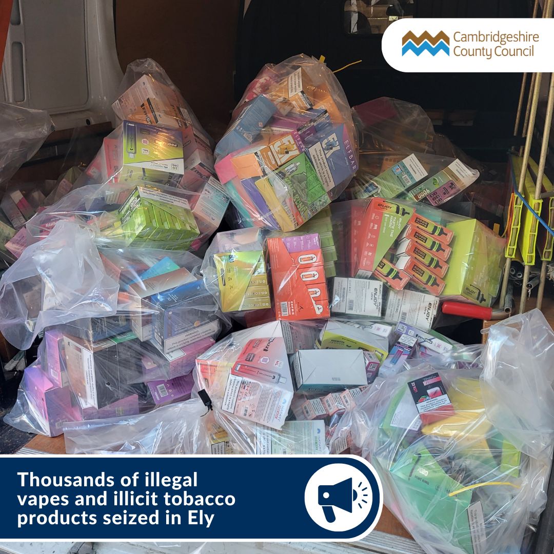 Over 4,000 illegal vapes and 23,280 illicit cigarettes were seized from shops in Ely last week. This multi-agency operation relied on information received from the public and involved Trading Standards, Cambridgeshire Police and HMRC. Read more: ow.ly/mxOu50RGO96