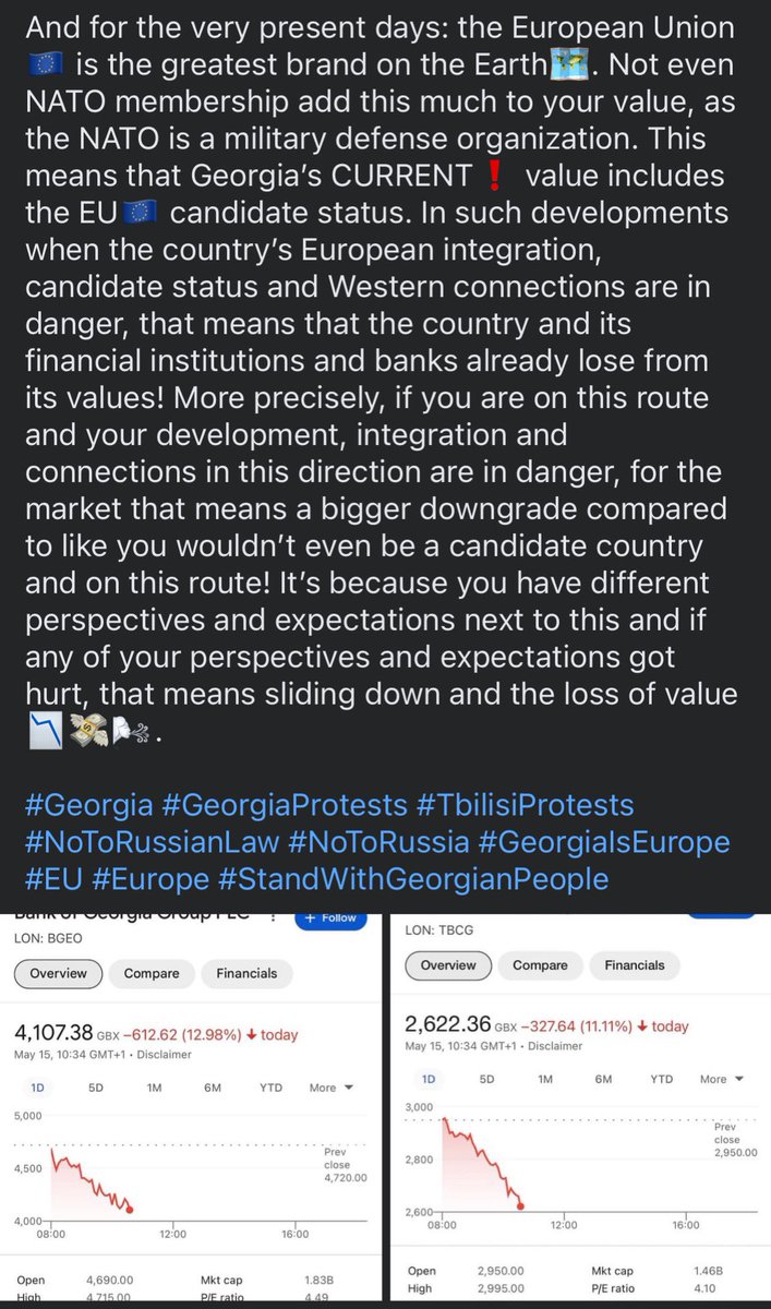 I wrote a longer post on Fb regarding the value loss of Georgian banks and the economic perspectives of the current situation in a very-very simple way. Just before the conspiracy theories come. 
#Georgia #GeorgiaProtests #NoToRussianLaw #NoToRussia #EU #StandWithGeorgianPeople